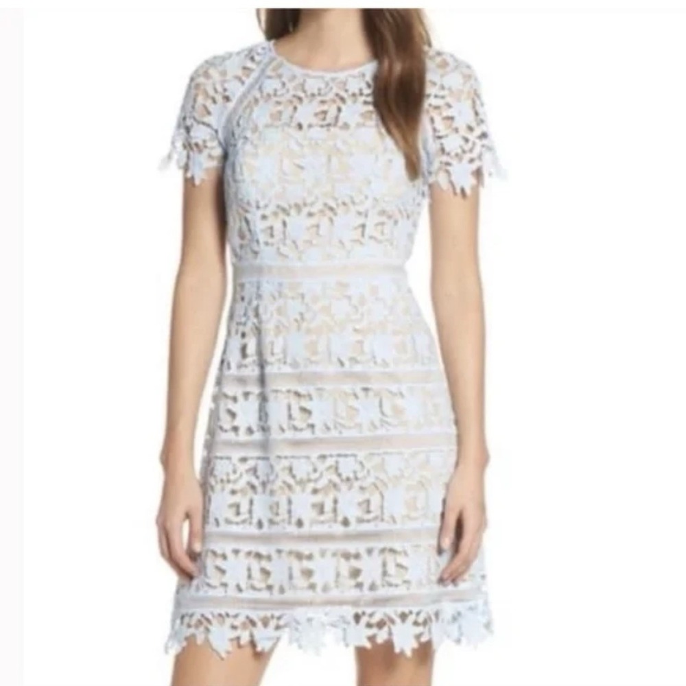 Eliza J Lace Crochet Overlay Sheath Dress Blue women's Size 6P 6 Petite New‎ NWT